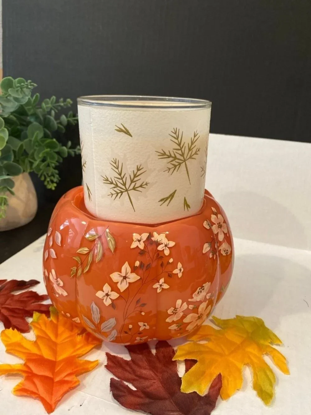 Bath & Body Works Orange Floral Pumpkin 3 Wick Candle Holder Base New NIB Fall
